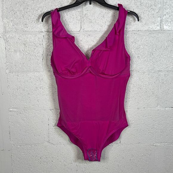 DKNY Ruffle Plunge Underwire Tummy Control One-Piece Swimsuit PINK XXL - Picture 8 of 12
